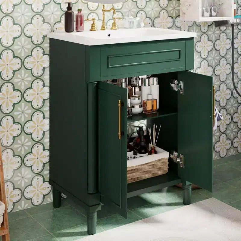 Badkamermeubel van 24 met keramische wastafel, kast in shakerstijl, 2 softclosedeuren en massiefhouten frame, voor een kleine badkamer of toiletruimte