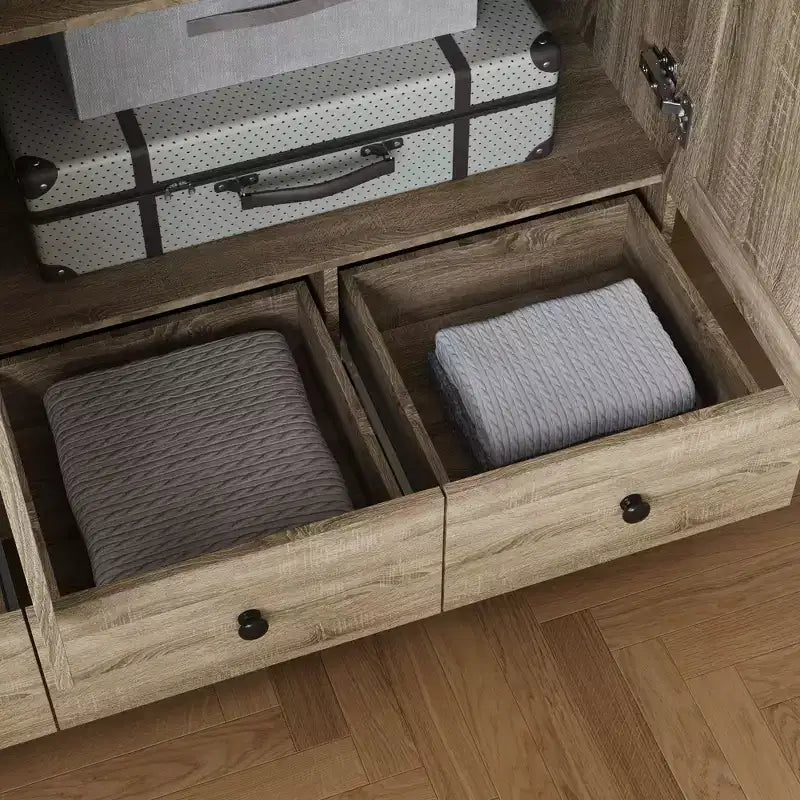 Famapy Rattan-Kleiderschrank mit 3 Schubladen und 3 atmungsaktiven Rattantüren, hoher Schrank im Landhausstil für das Schlafzimmer