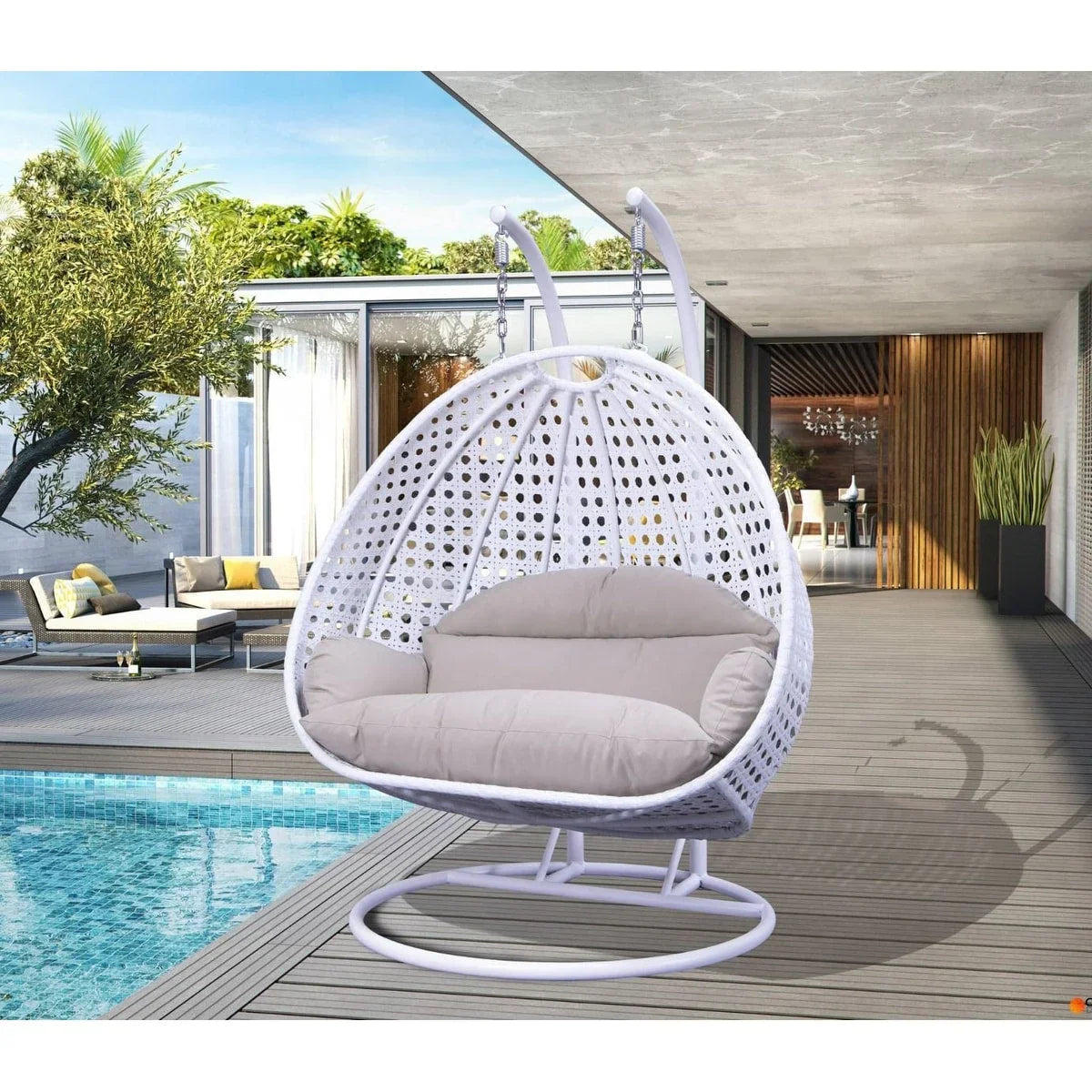 Fauteuil œuf suspendu 2 places LeisureMod avec support - fauteuil hamac balançoire de patio en osier de rotin pour l’extérieur et l’intérieur, avec coussins