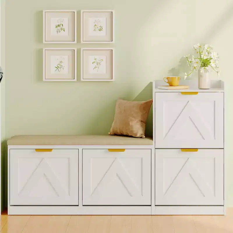 Meuble à chaussures style farmhouse avec banc, 4 tiroirs basculants pour l’entrée, organisateur de rangement avec assise rembourrée confortable, banc porte-chaussures autoportant