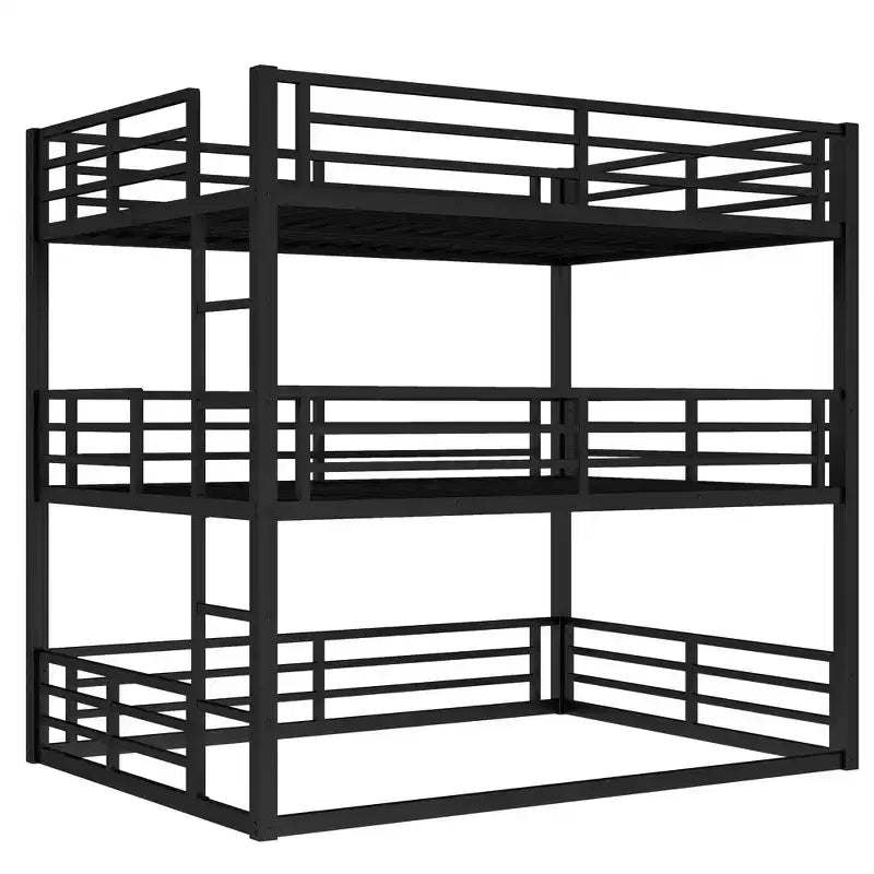 Etagenbett für drei Personen, Metall, mit Sicherheitsgittern, robustes Etagenbett mit geräuschreduziertem Design, Schwarz