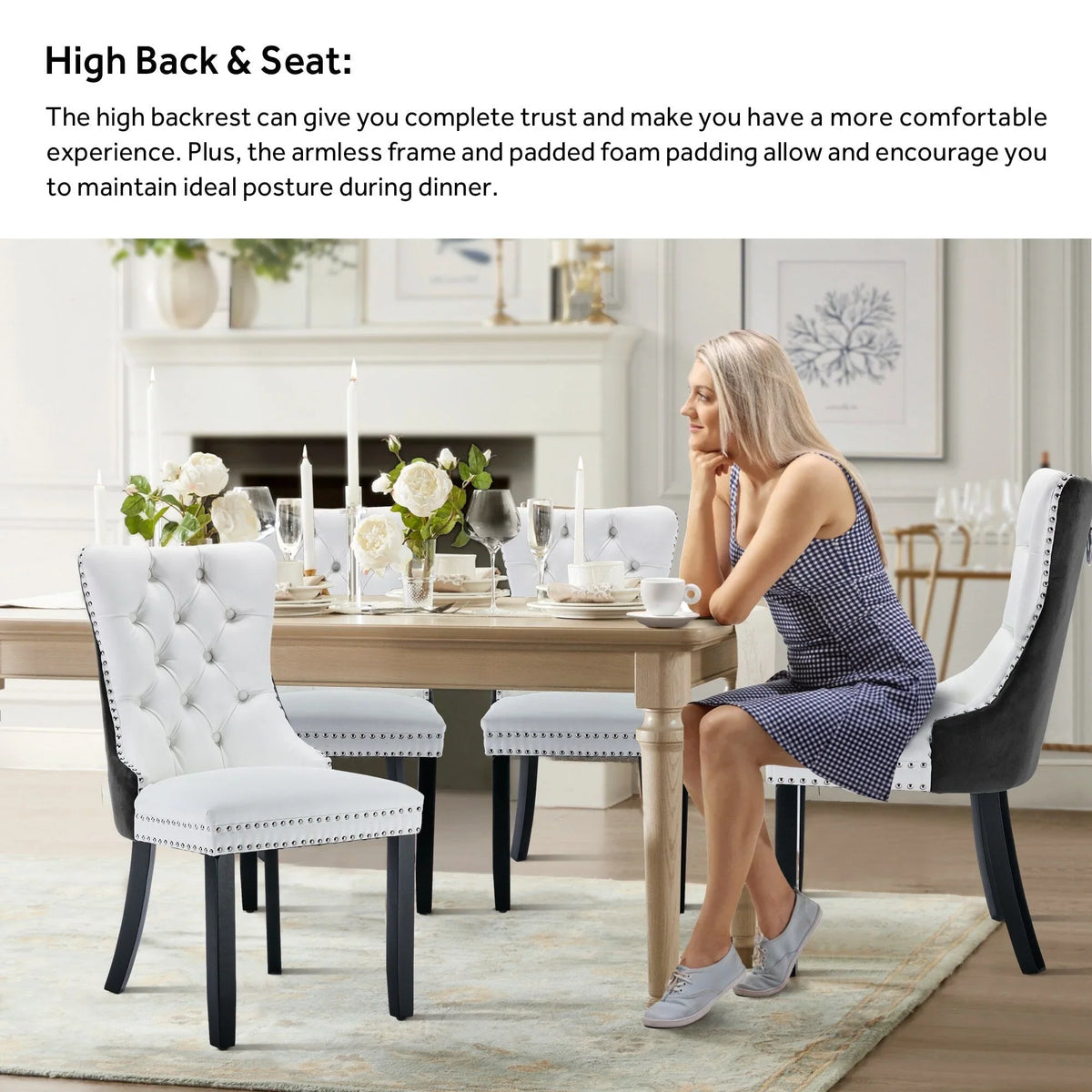 Upholstered Tufted Velvet Dining Chair with Solid Wood Legs Set of 6