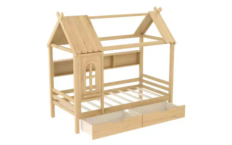 Hausbett mit Stauraumschubladen und Fenster, Massivholzrahmen mit Regalen, kindgerechtes verspieltes Design, hellweiß