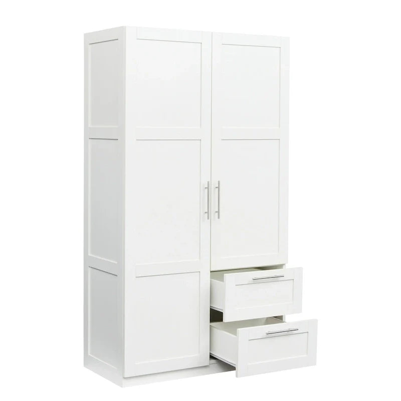 Armoire de rangement en bois blanc avec portes, tiroirs et tringle de penderie