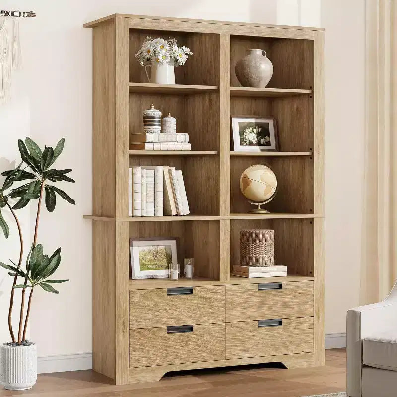 Boekenkast van 72 inch hoog met 4 laden, vrijstaande opbergboekenkast in boerderijstijl voor de slaapkamer, woonkamer en het thuiskantoor
