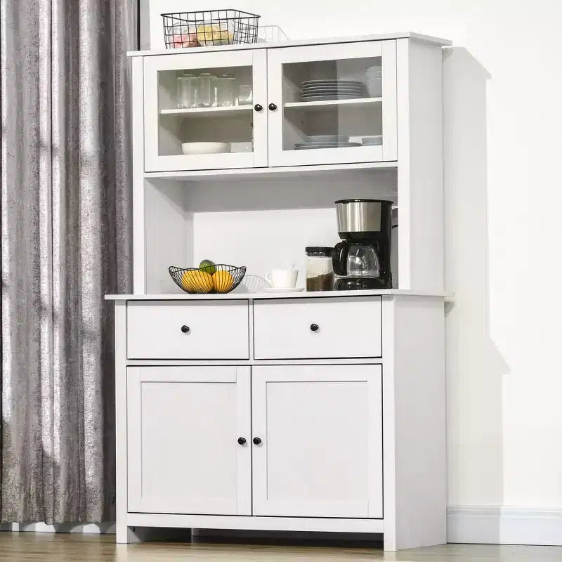 HOMCOM 63.5 Küchenbuffet mit Aufsatzschrank, Vorratsschrank mit 4 Einlegeböden, Schubladen, Glastüren mit Rahmen und offener Ablagefläche für die Mikrowelle