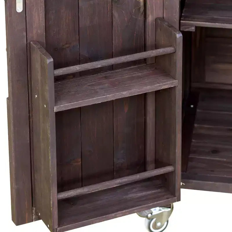 Îlot de cuisine d’extérieur Okak avec plateau en acier inoxydable, desserte de cuisine en bois avec portes, étagères et porte-épices, îlot de cuisine à roulettes