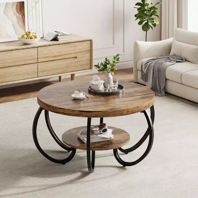 Ronde industriële salontafel van 30 inch, 2 niveaus, met verstelbare voetjes, plank met houtnerf, vlamontwerp, eenvoudig te monteren, voor de woonkamer