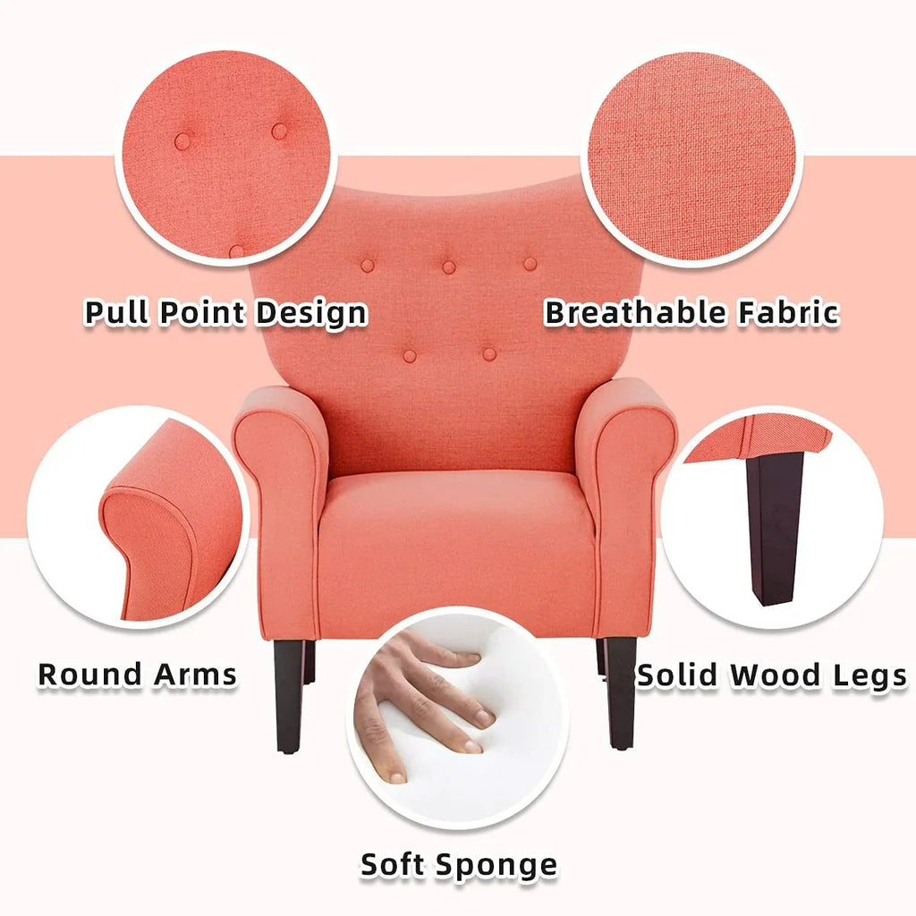 Fauteuil d’appoint moderne Erommy à dossier haut, fauteuil une place en tissu rembourré avec boutons et pieds en bois, pour salon