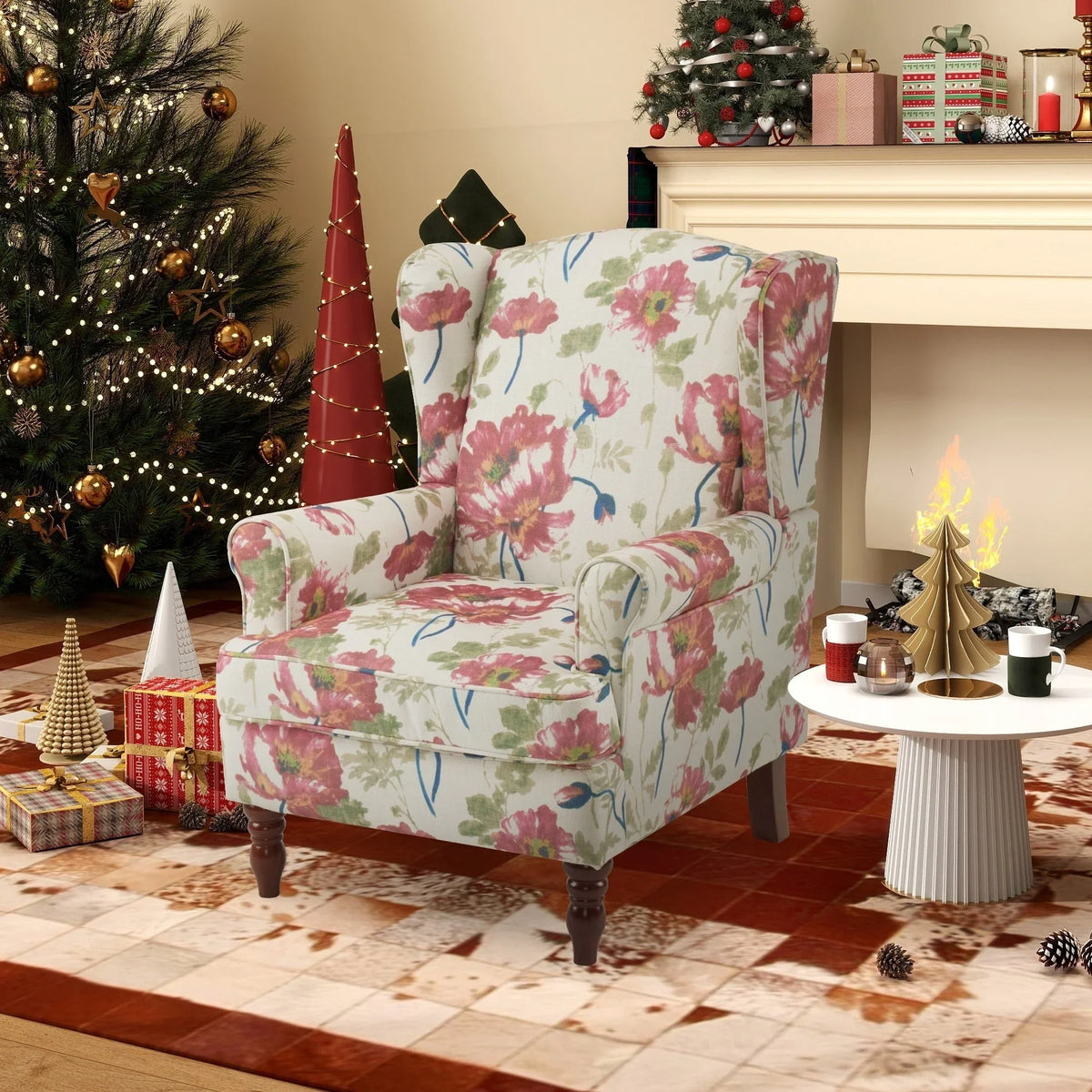 Fauteuil d’appoint moderne Erommy à dossier haut, fauteuil une place en tissu rembourré avec boutons et pieds en bois, pour salon