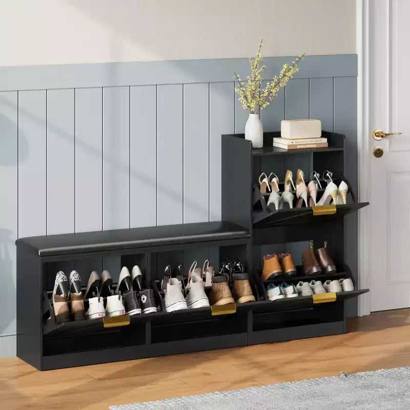Meuble à chaussures style farmhouse avec banc, 4 tiroirs basculants pour l’entrée, organisateur de rangement avec assise rembourrée confortable, banc porte-chaussures autoportant