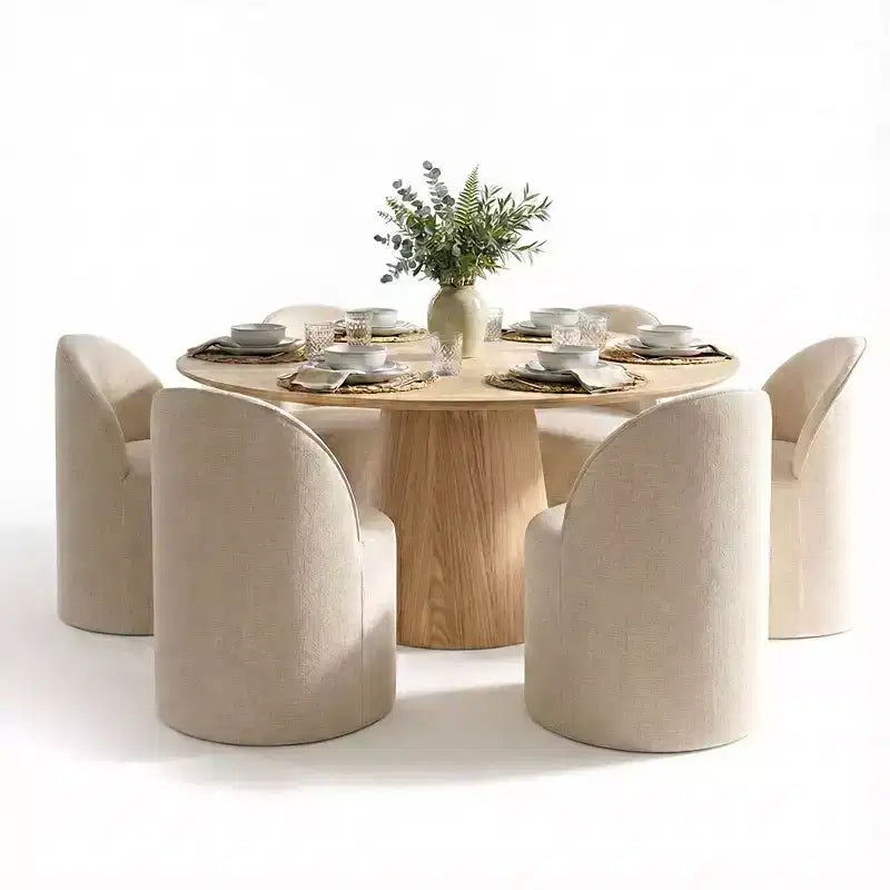 Ensemble de salle à manger moderne pour 6 personnes, table ronde à piètement central, fauteuils pivotants en forme de tonneau à roulettes, chenille texturée - Panipeachy