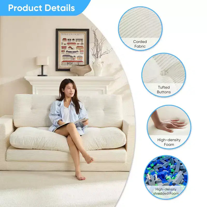 Canapé-lit futon convertible 2-en-1 Mjkone de 71', en tissu côtelé, pliable et capitonné avec boutons, canapé-lit deux places gain de place