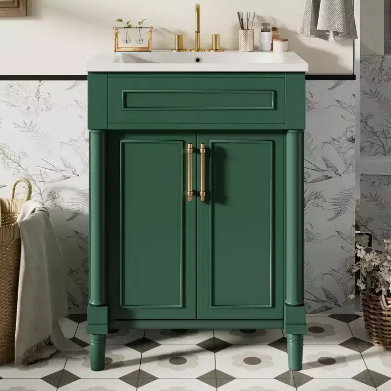 Badkamermeubel van 24 met keramische wastafel, kast in shakerstijl, 2 softclosedeuren en massiefhouten frame, voor een kleine badkamer of toiletruimte