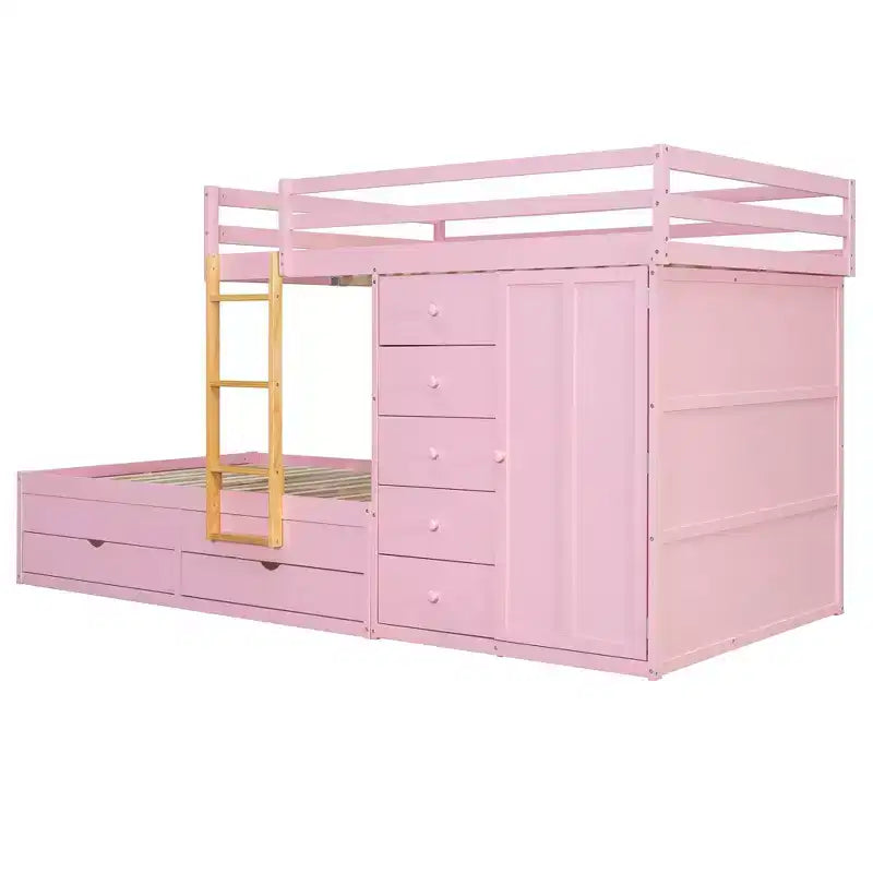 Moderne stapelbedcombinatie met twee tweepersoonsbedden, ingebouwde kledingkast en 7 opbergladen