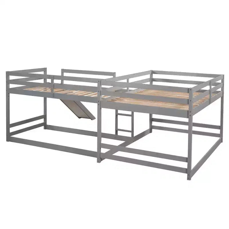 L-vormig stapelbed voor 4 kinderen, stapelbed voor vier met glijbaan, eenpersoonsbed en tweepersoonsbed, houten frame voor slaapkamer of studentenhuis