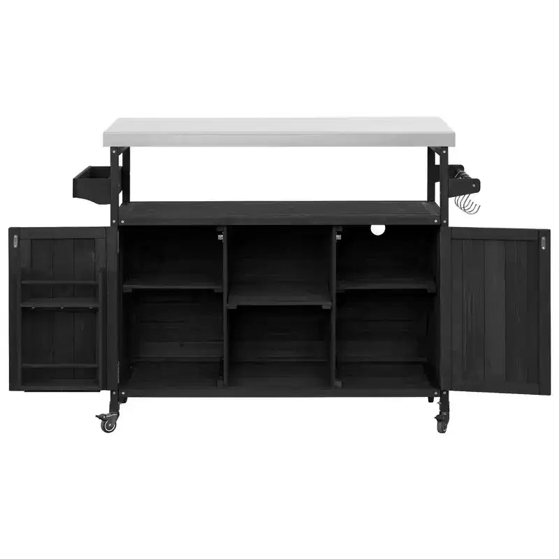 Îlot de cuisine d’extérieur Okak avec plateau en acier inoxydable, desserte de cuisine en bois avec portes, étagères et porte-épices, îlot de cuisine à roulettes