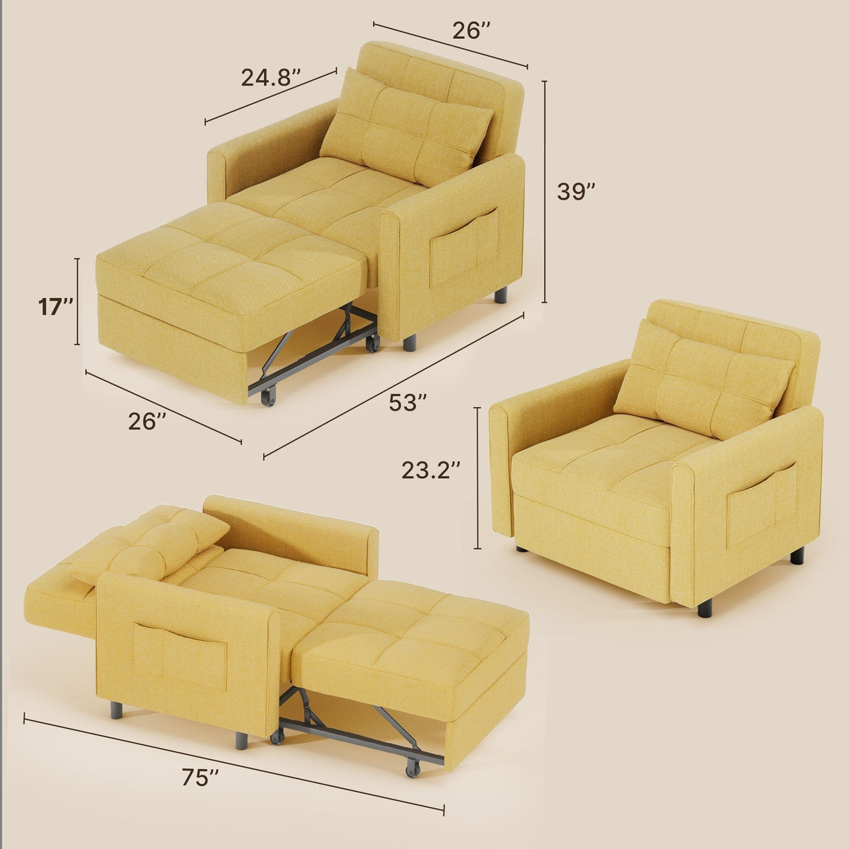 3-in-1-Schlafsofa mit verstellbarer Liegefläche, ausziehbares Sesselsofa, umwandelbares Klappbett fürs Wohnzimmer