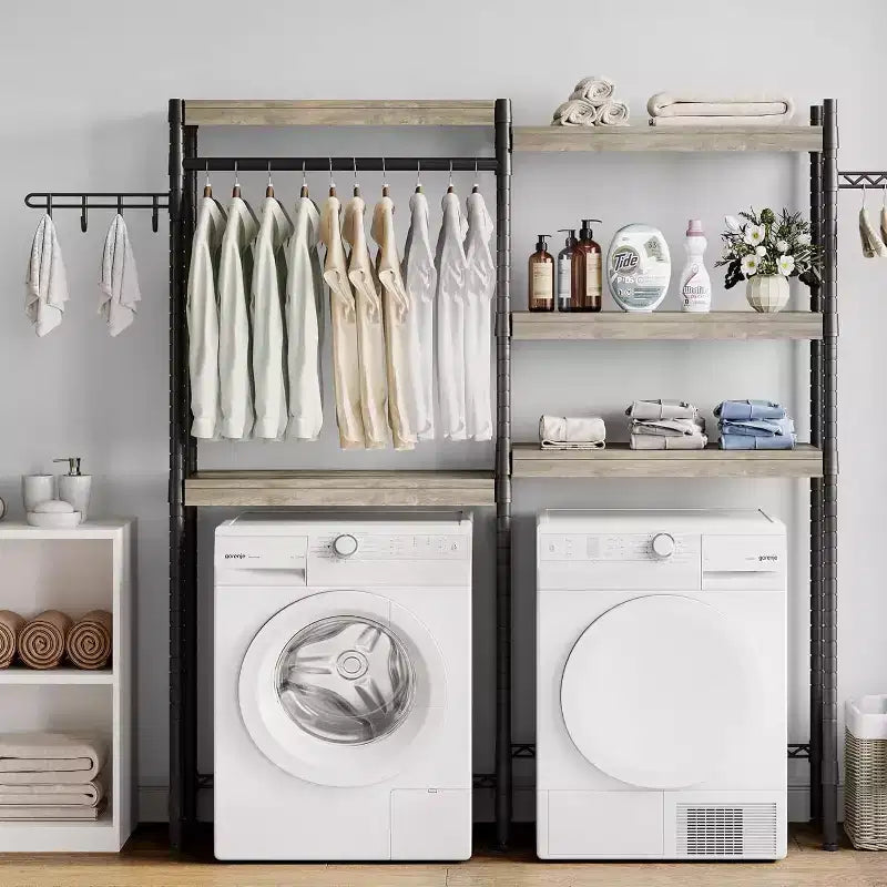Rek boven de wasmachine, droogrek met 5 niveaus en verstelbare hoogte, badkamerrek, ruimtebesparende opbergruimte voor de badkamer en wasruimte