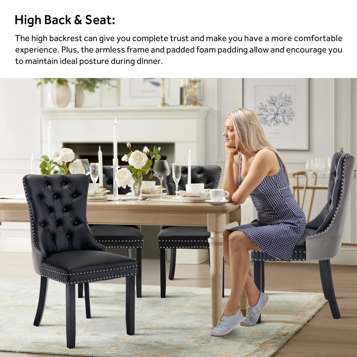Upholstered Tufted Velvet Dining Chair with Solid Wood Legs Set of 6