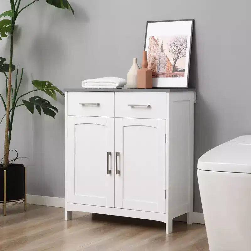 Mobiletto da Bagno a Terra, Mobiletto Portabiancheria Indipendente, Armadietto Contenitore con 2 Cassetti, Doppie Ante, Ripiano Regolabile, Bianco