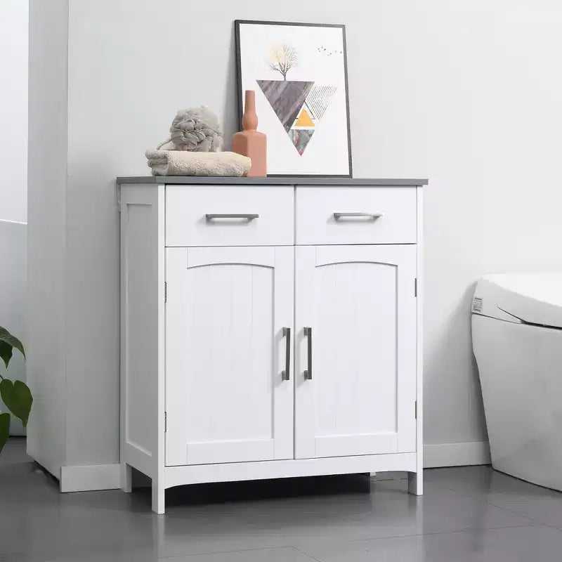 Mobiletto da Bagno a Terra, Mobiletto Portabiancheria Indipendente, Armadietto Contenitore con 2 Cassetti, Doppie Ante, Ripiano Regolabile, Bianco