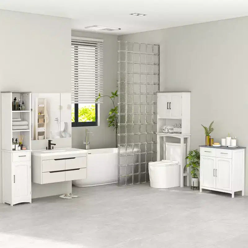 Mobiletto da Bagno a Terra, Mobiletto Portabiancheria Indipendente, Armadietto Contenitore con 2 Cassetti, Doppie Ante, Ripiano Regolabile, Bianco