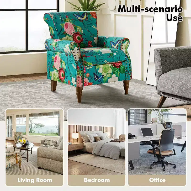 Set di 2 Poltrone Chesterfield Floreali con Profili Borchiati, Struttura in Legno, 76cm L x 80cm P x 82cm H, 9 Opzioni di Colore