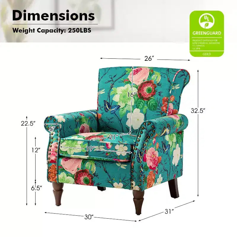 Set di 2 Poltrone Chesterfield Floreali con Profili Borchiati, Struttura in Legno, 76cm L x 80cm P x 82cm H, 9 Opzioni di Colore