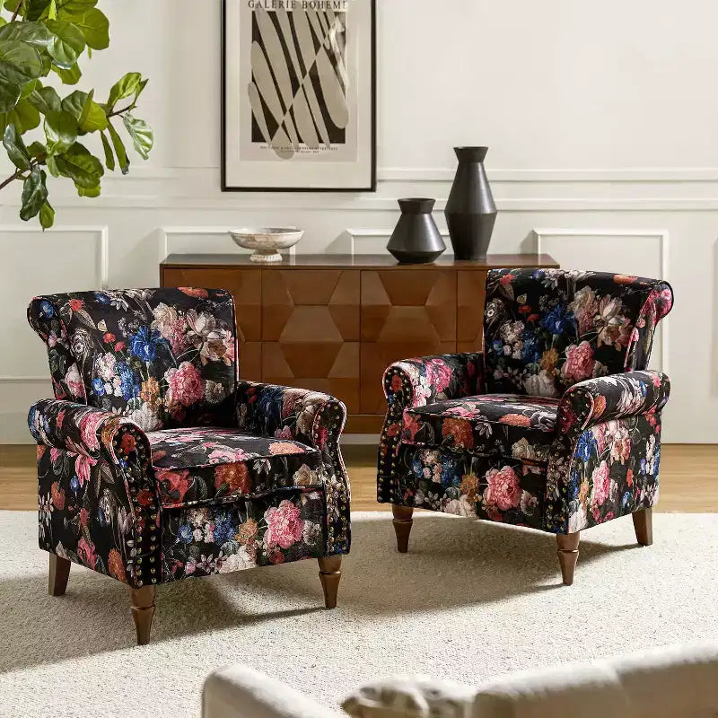 Set di 2 Poltrone Chesterfield Floreali con Profili Borchiati, Struttura in Legno, 76cm L x 80cm P x 82cm H, 9 Opzioni di Colore