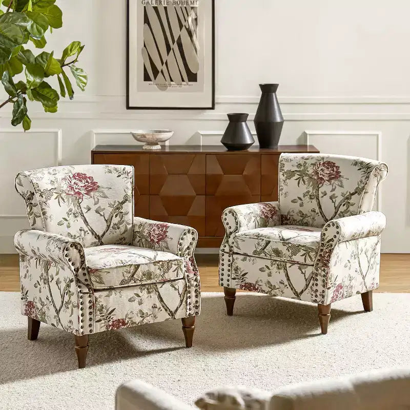 Set di 2 Poltrone Chesterfield Floreali con Profili Borchiati, Struttura in Legno, 76cm L x 80cm P x 82cm H, 9 Opzioni di Colore