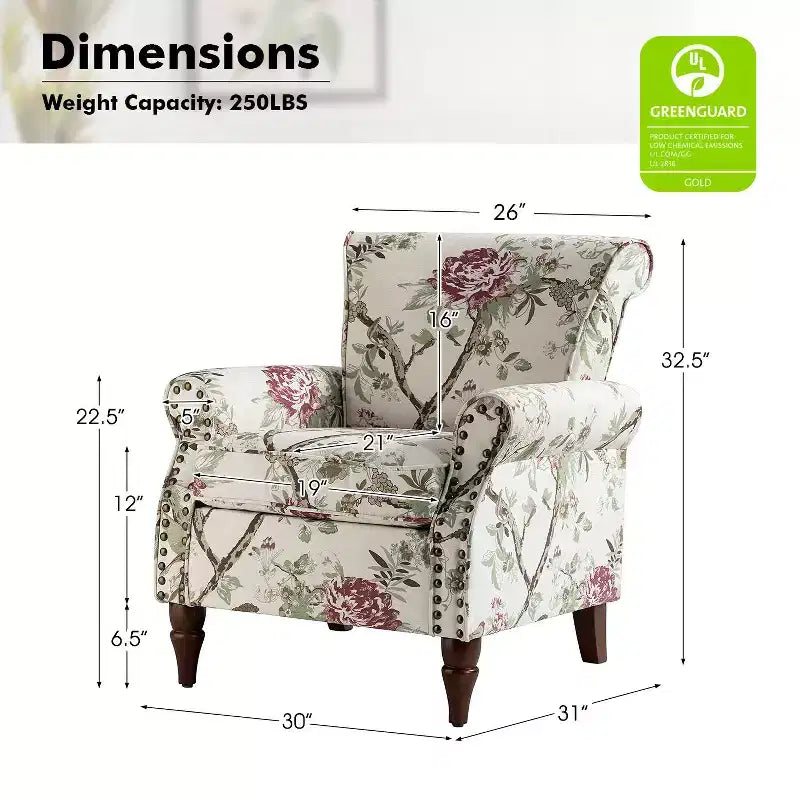 Set di 2 Poltrone Chesterfield Floreali con Profili Borchiati, Struttura in Legno, 76cm L x 80cm P x 82cm H, 9 Opzioni di Colore