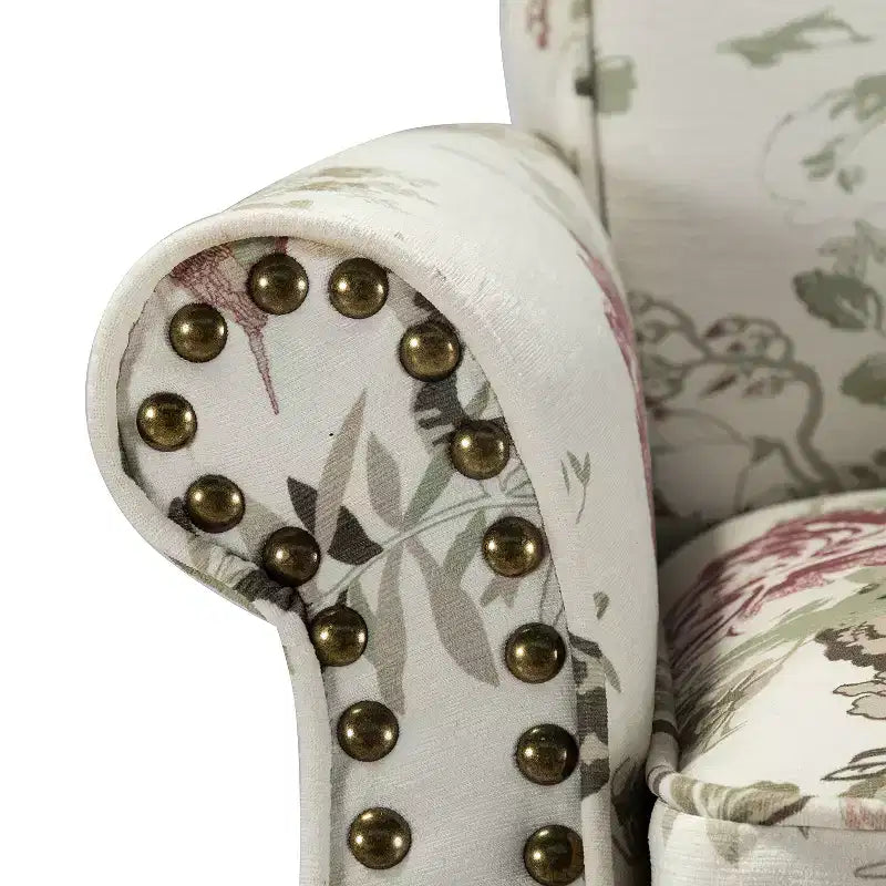 Set di 2 Poltrone Chesterfield Floreali con Profili Borchiati, Struttura in Legno, 76cm L x 80cm P x 82cm H, 9 Opzioni di Colore