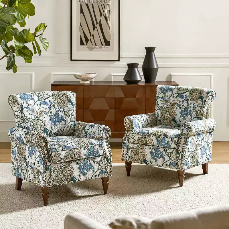 Set di 2 Poltrone Chesterfield Floreali con Profili Borchiati, Struttura in Legno, 76cm L x 80cm P x 82cm H, 9 Opzioni di Colore