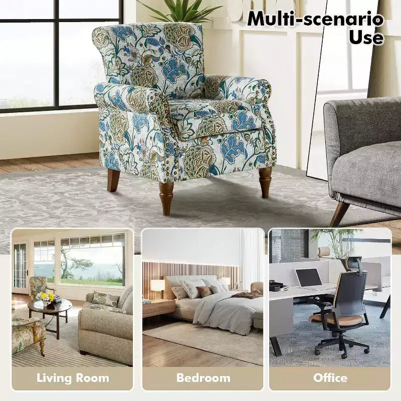 Set di 2 Poltrone Chesterfield Floreali con Profili Borchiati, Struttura in Legno, 76cm L x 80cm P x 82cm H, 9 Opzioni di Colore