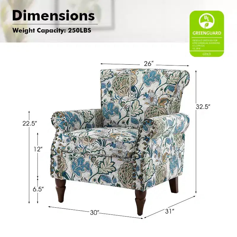 Set di 2 Poltrone Chesterfield Floreali con Profili Borchiati, Struttura in Legno, 76cm L x 80cm P x 82cm H, 9 Opzioni di Colore