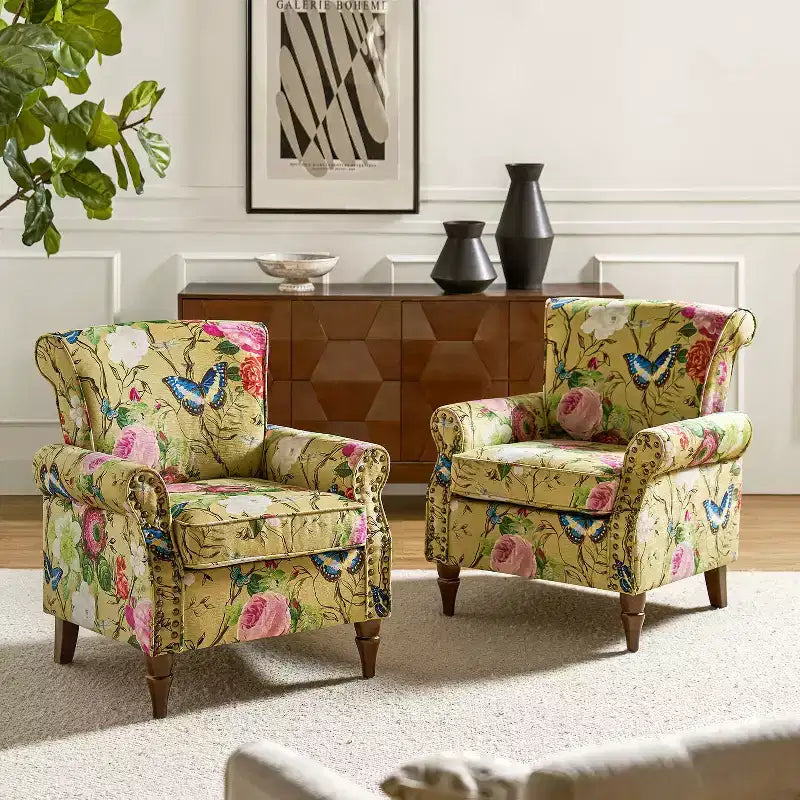 Set di 2 Poltrone Chesterfield Floreali con Profili Borchiati, Struttura in Legno, 76cm L x 80cm P x 82cm H, 9 Opzioni di Colore