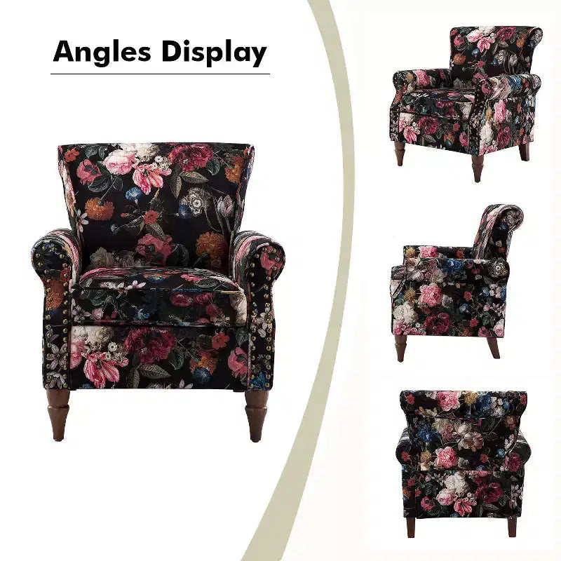 Set di 2 Poltrone Chesterfield Floreali con Profili Borchiati, Struttura in Legno, 76cm L x 80cm P x 82cm H, 9 Opzioni di Colore