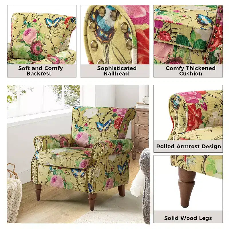 Set di 2 Poltrone Chesterfield Floreali con Profili Borchiati, Struttura in Legno, 76cm L x 80cm P x 82cm H, 9 Opzioni di Colore