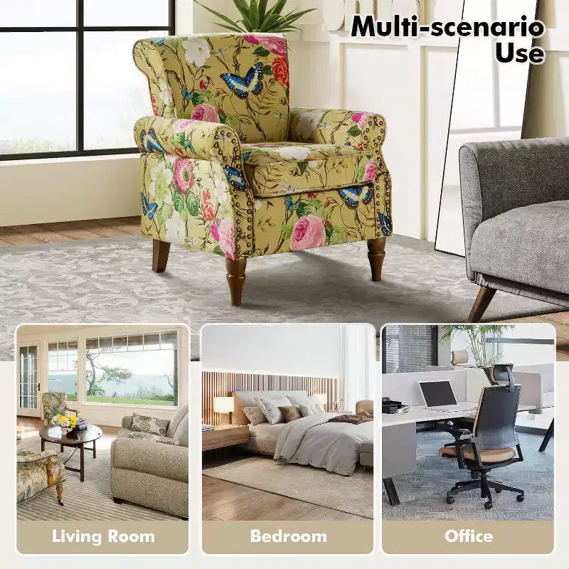 Set di 2 Poltrone Chesterfield Floreali con Profili Borchiati, Struttura in Legno, 76cm L x 80cm P x 82cm H, 9 Opzioni di Colore