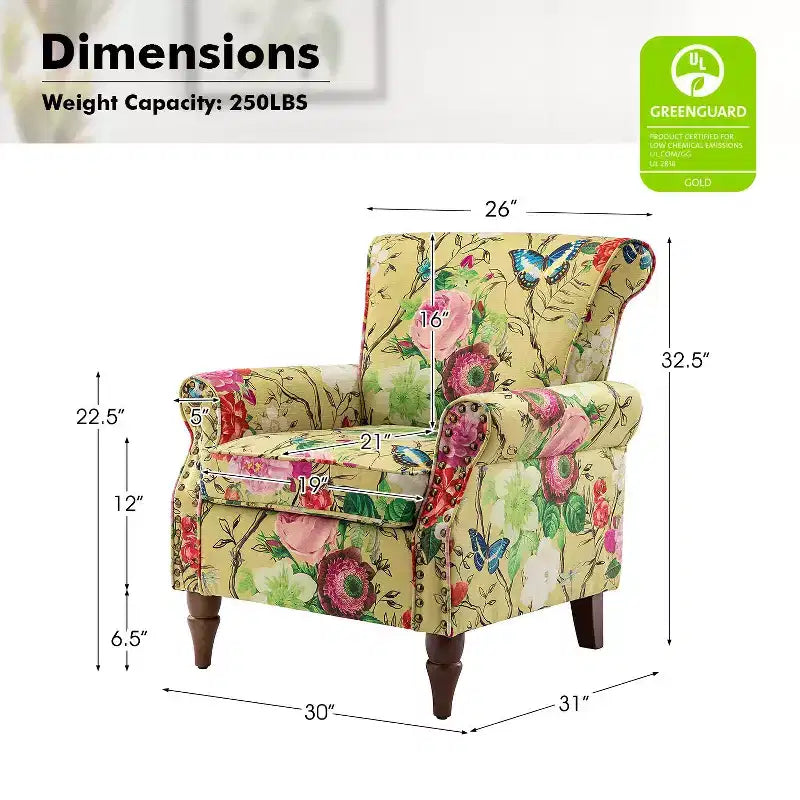 Set di 2 Poltrone Chesterfield Floreali con Profili Borchiati, Struttura in Legno, 76cm L x 80cm P x 82cm H, 9 Opzioni di Colore