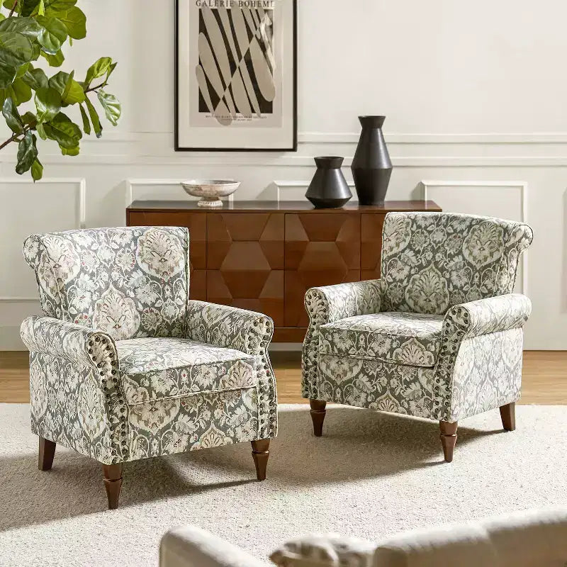 Set di 2 Poltrone Chesterfield Floreali con Profili Borchiati, Struttura in Legno, 76cm L x 80cm P x 82cm H, 9 Opzioni di Colore