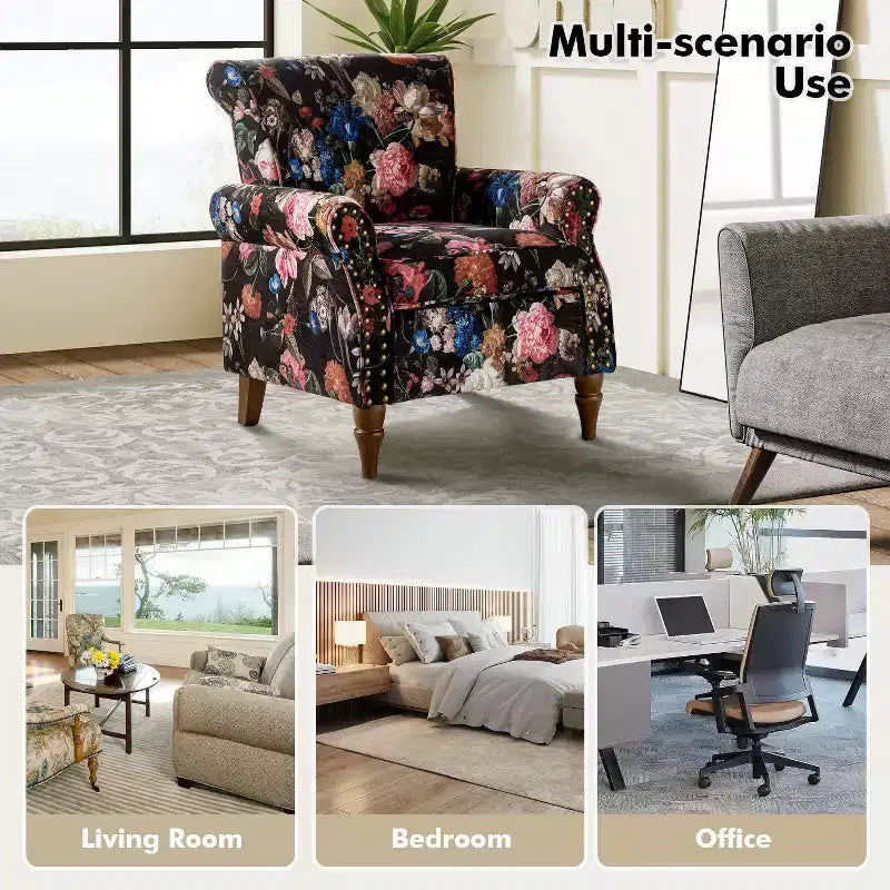 Set di 2 Poltrone Chesterfield Floreali con Profili Borchiati, Struttura in Legno, 76cm L x 80cm P x 82cm H, 9 Opzioni di Colore