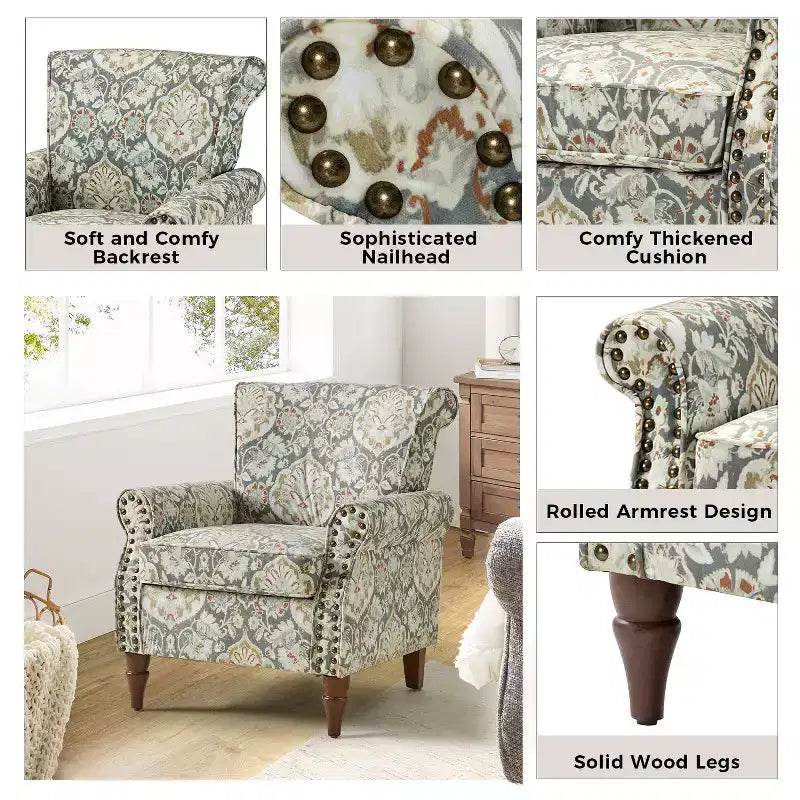 Set di 2 Poltrone Chesterfield Floreali con Profili Borchiati, Struttura in Legno, 76cm L x 80cm P x 82cm H, 9 Opzioni di Colore