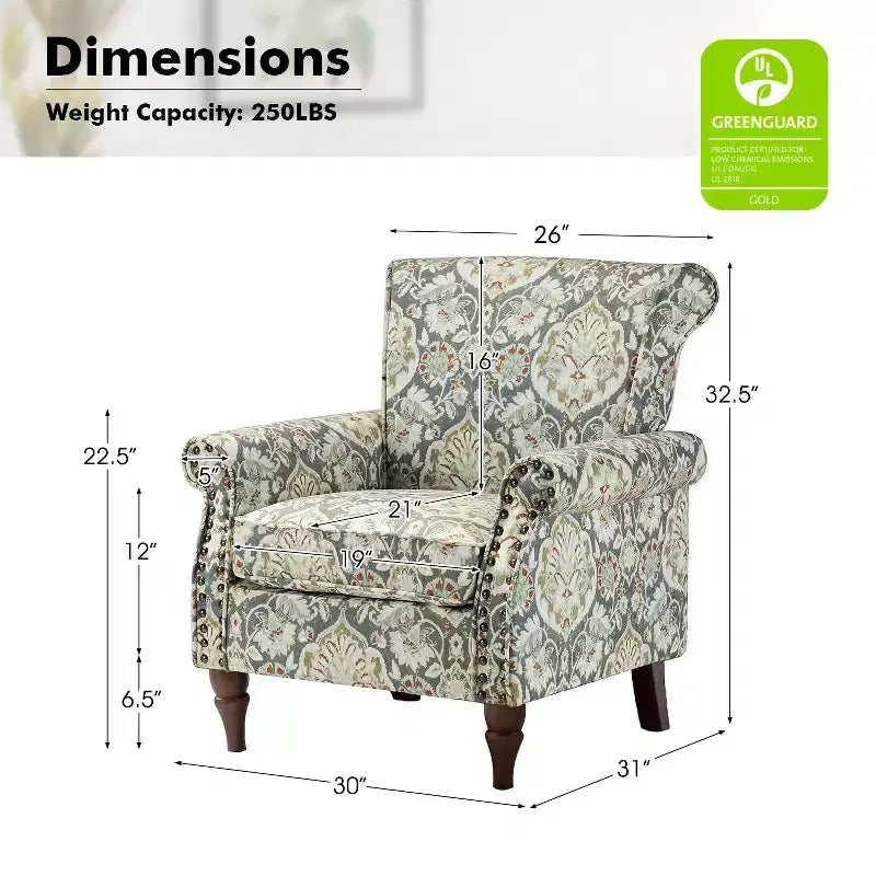 Set di 2 Poltrone Chesterfield Floreali con Profili Borchiati, Struttura in Legno, 76cm L x 80cm P x 82cm H, 9 Opzioni di Colore