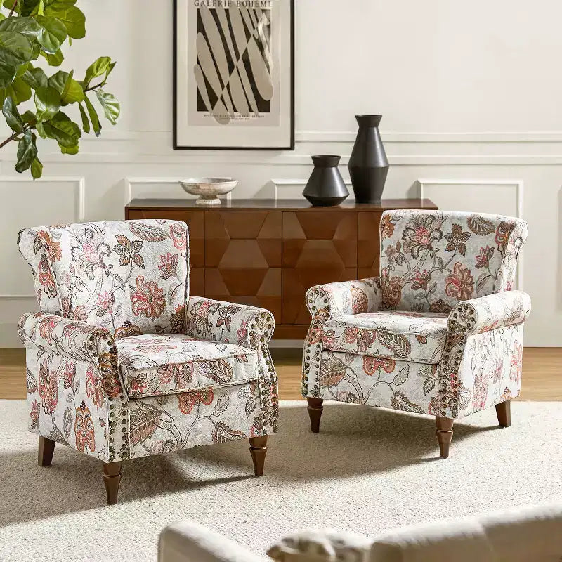 Set di 2 Poltrone Chesterfield Floreali con Profili Borchiati, Struttura in Legno, 76cm L x 80cm P x 82cm H, 9 Opzioni di Colore