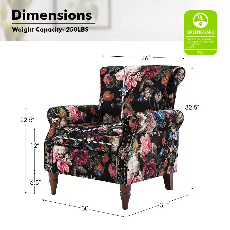 Set di 2 Poltrone Chesterfield Floreali con Profili Borchiati, Struttura in Legno, 76cm L x 80cm P x 82cm H, 9 Opzioni di Colore