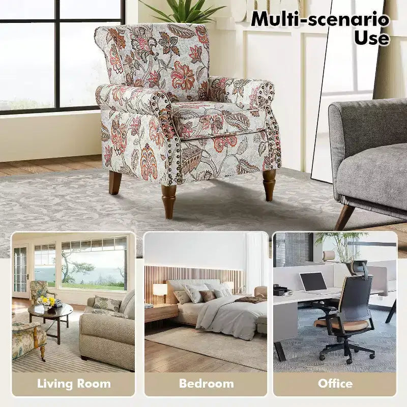 Set di 2 Poltrone Chesterfield Floreali con Profili Borchiati, Struttura in Legno, 76cm L x 80cm P x 82cm H, 9 Opzioni di Colore