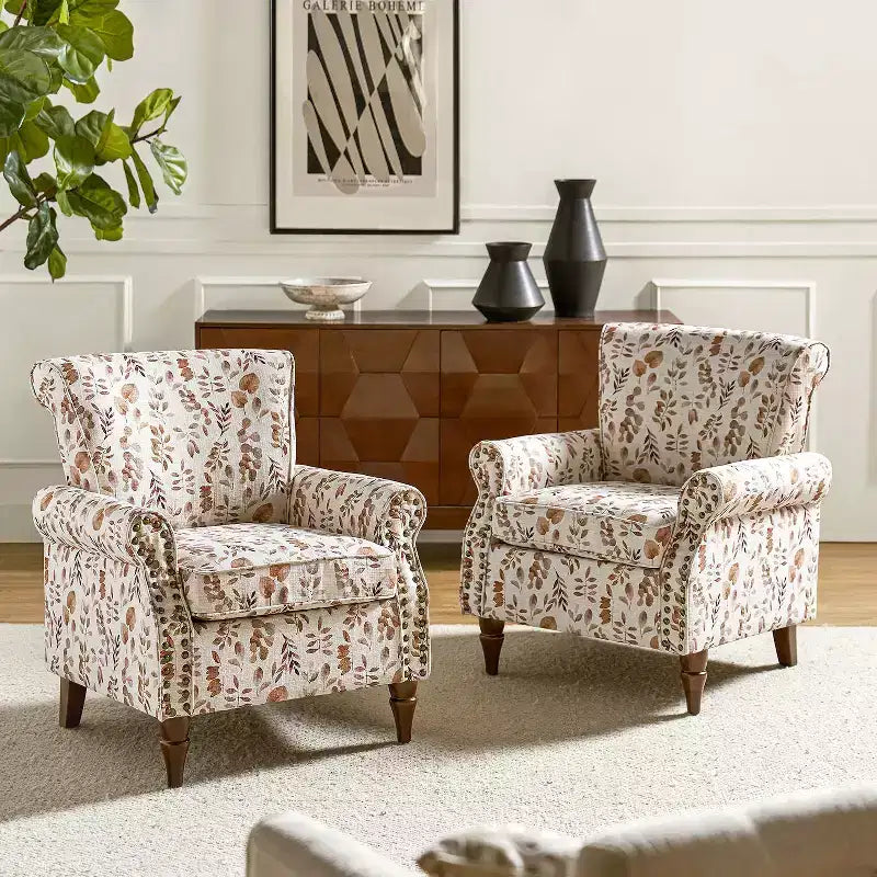 Set di 2 Poltrone Chesterfield Floreali con Profili Borchiati, Struttura in Legno, 76cm L x 80cm P x 82cm H, 9 Opzioni di Colore