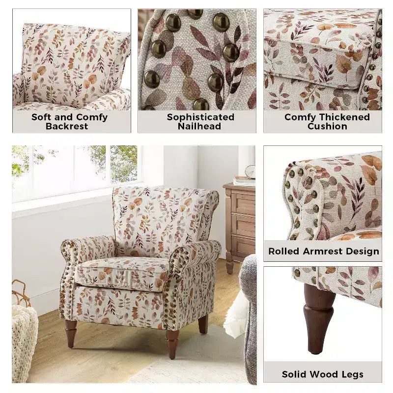 Set di 2 Poltrone Chesterfield Floreali con Profili Borchiati, Struttura in Legno, 76cm L x 80cm P x 82cm H, 9 Opzioni di Colore